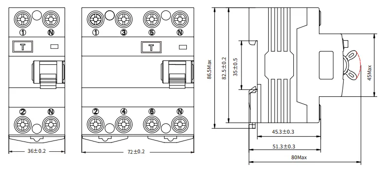 Disjoncteur différentiel ETEK EKL1-80(H) Taille
